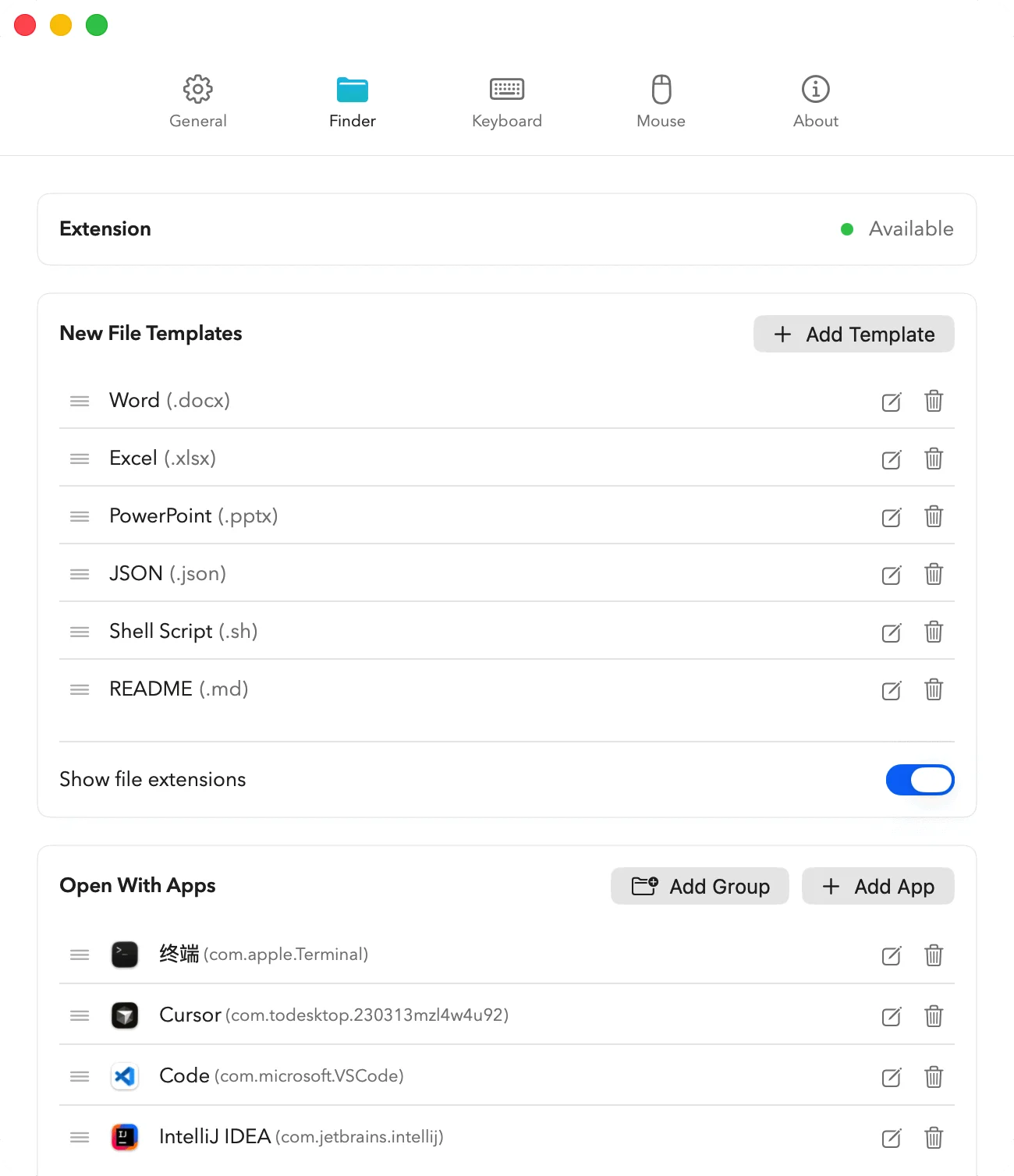 MacMater Finder settings showing custom file templates and Open With apps