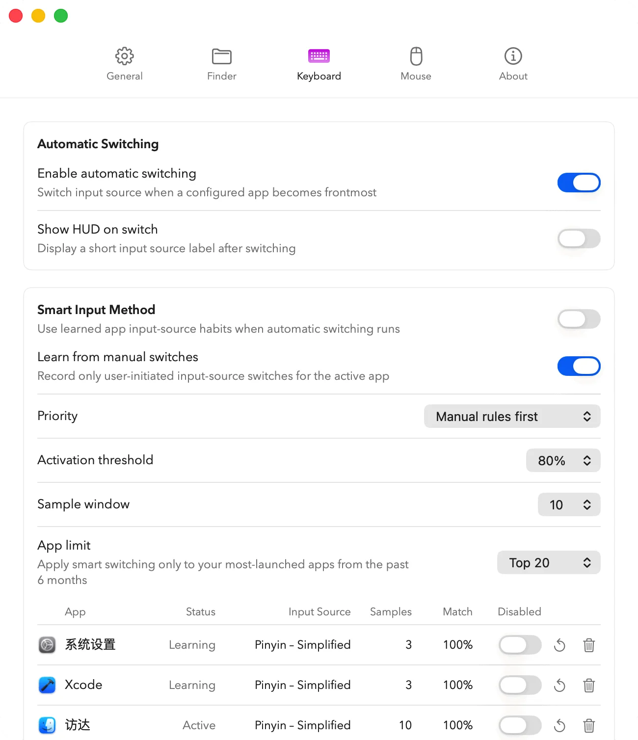 MacMater Keyboard settings showing automatic input source switching with learned rules