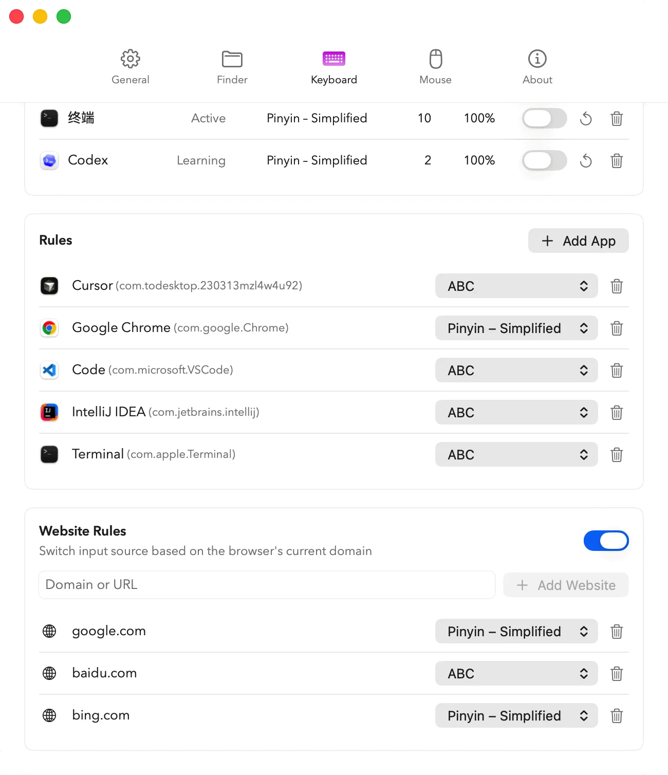 MacMater Keyboard rules showing per-app and per-website input source overrides