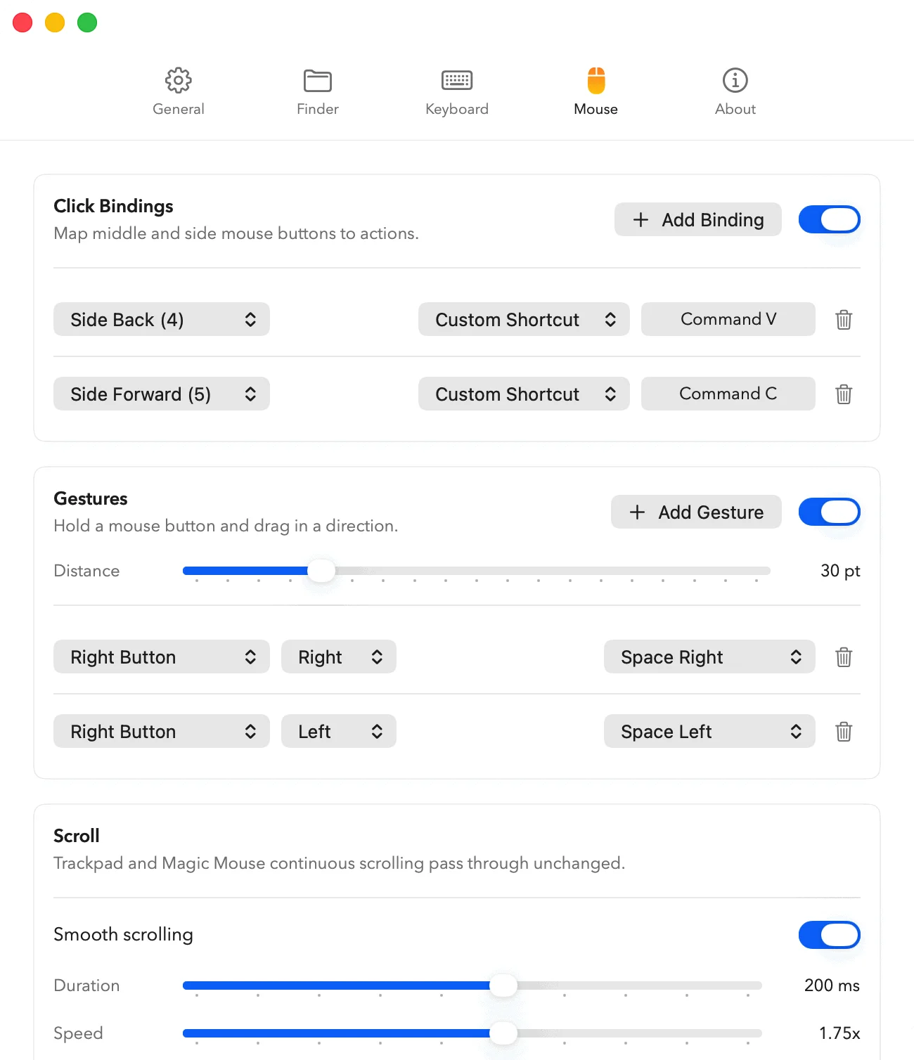 MacMater Mouse settings showing click bindings, gestures, and smooth scrolling